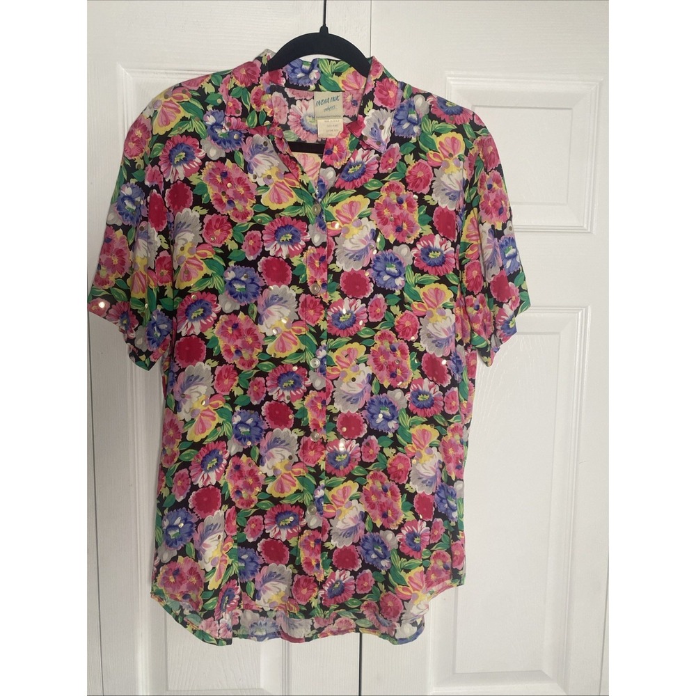 India Ink Paintworks Floral Button Blouse Womens Size S Multi Sequin Vintage USA